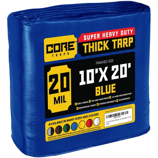 Core Tarps 10 ft x 20 ft Heavy Duty 20 Mil Tarp, Blue, Polyethylene, Waterproof, Rip and Tear Proof CT-705-10X20
